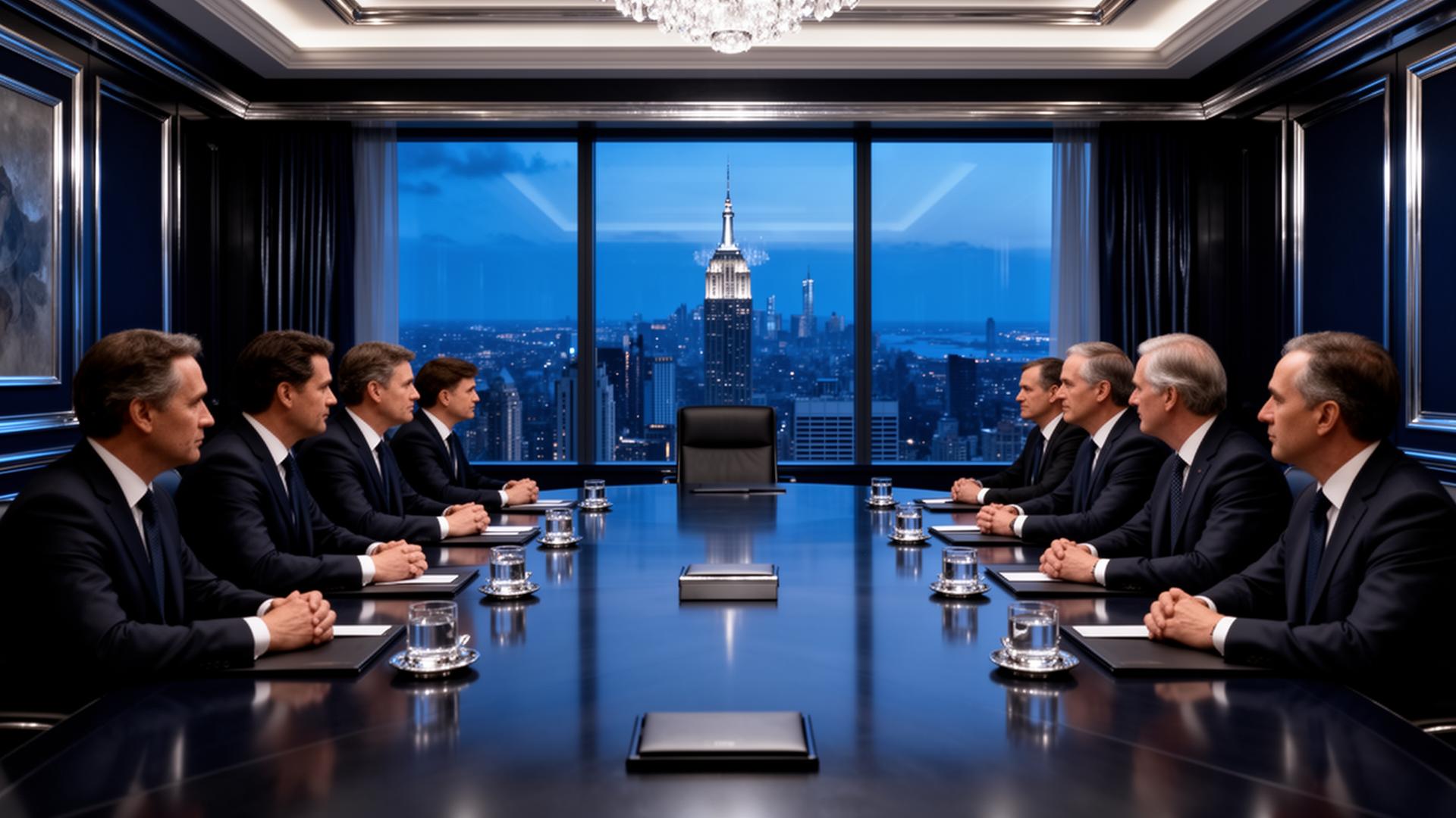 Executive boardroom with city skyline